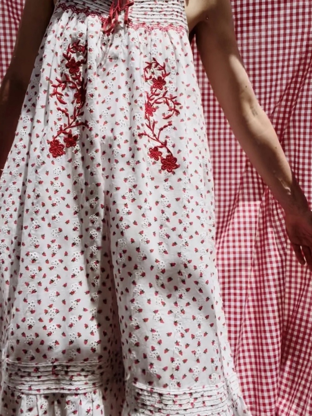 White Midi Dress with Red Floral Embroidery
